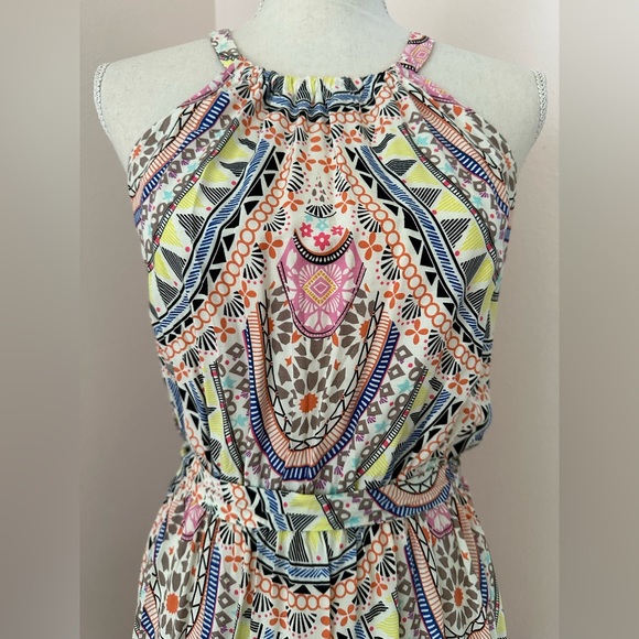 Sunny Girl Multi Colored Geometrical High-Neck Maxi Dress with Belt - Picture 2 of 6